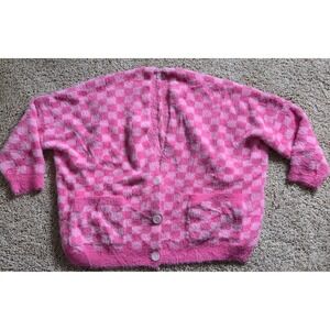 NICE! Pink Lily Women's SMALL Oversized Cardigan Pink Checkers Fuzzy Knit Y2K
